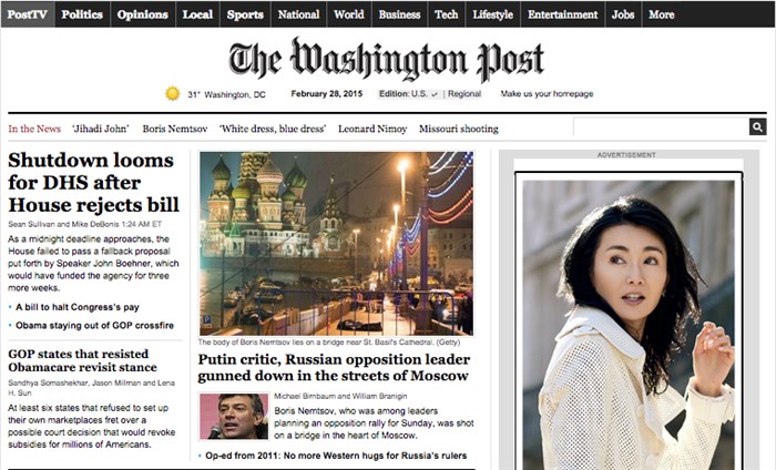 «Критик Путина, российский оппозиционный лидер застрелен на улицах Москвы». The Washington Post, США