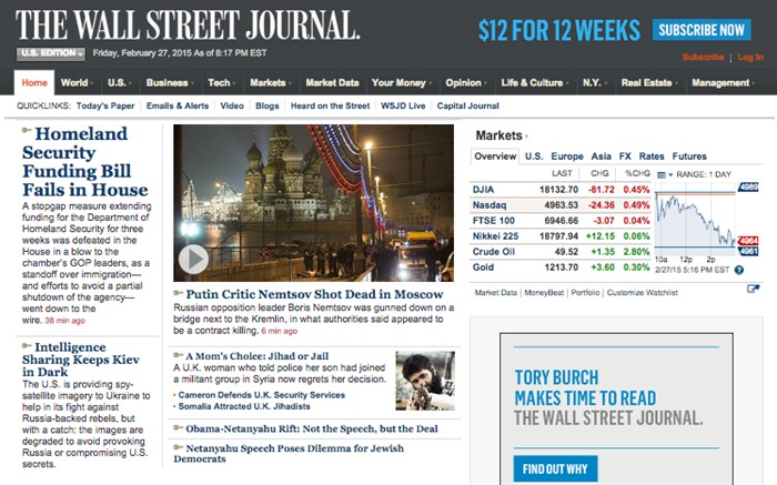 «Критик Путина Немцов застрелен в Москве». The Wall Street Journal, США