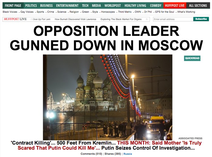 «Оппозиционный лидер застрелен в Москве». The Huffington Post, США