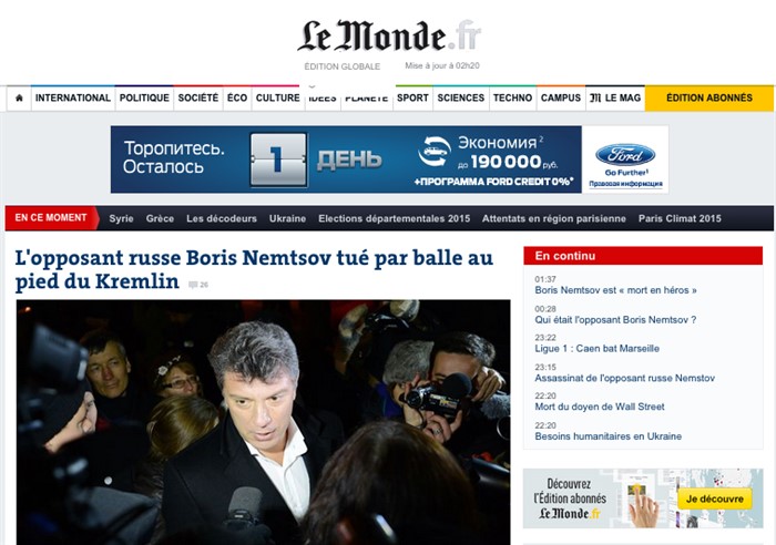 «Оппозиционный политик Борис Немцов застрелен рядом с Кремлем», Le Monde, Франция