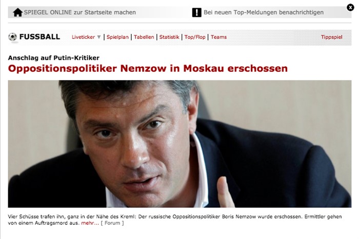 «Застрелен оппозиционный политик Борис Немцов», Spiegel Online, Германия