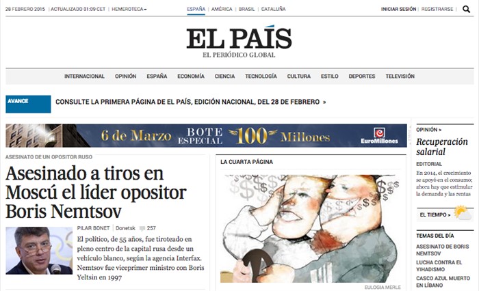 «Лидер оппозиции Борис Немцов застрелен в Москве», El Pais, Испания