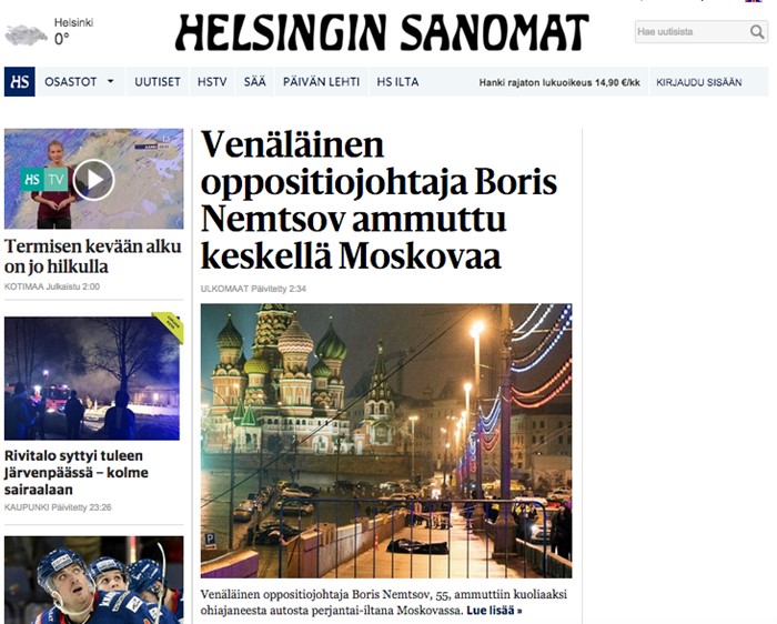 «Российский оппозиционный лидер Борис Немцов застрелен в центре Москвы», Helsingin Sanomat, Финляндия