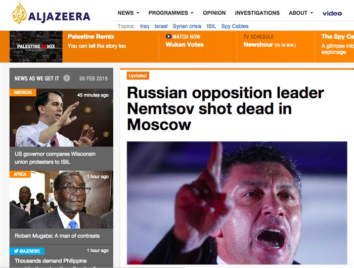 «Российский оппозиционный лидер убит в Москве», Al Jazeera, Катар