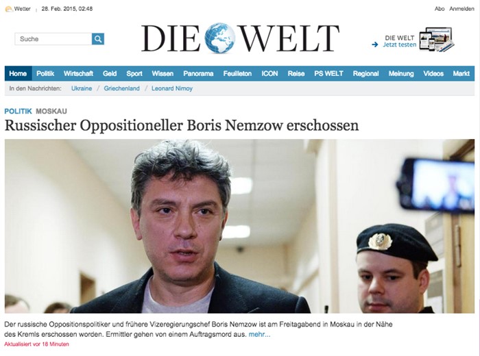 «Застрелен российский оппозиционер Борис Немцов», Die Welt, Германия