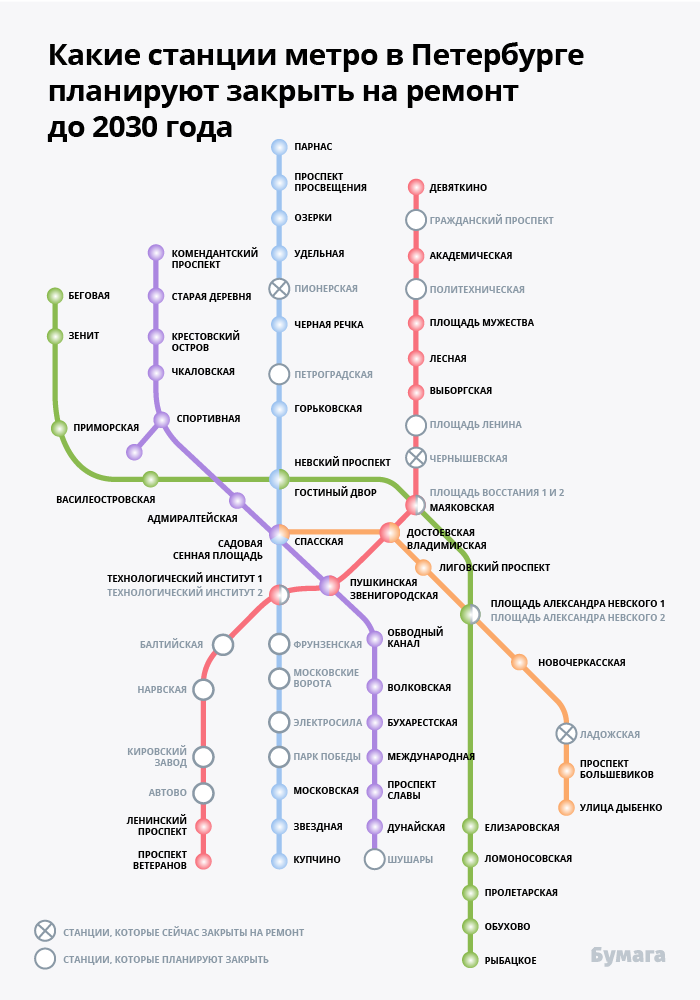 Какие станции метро в Петербурге планируют закрыть на ремонт до 2030 года?.«Бумага»